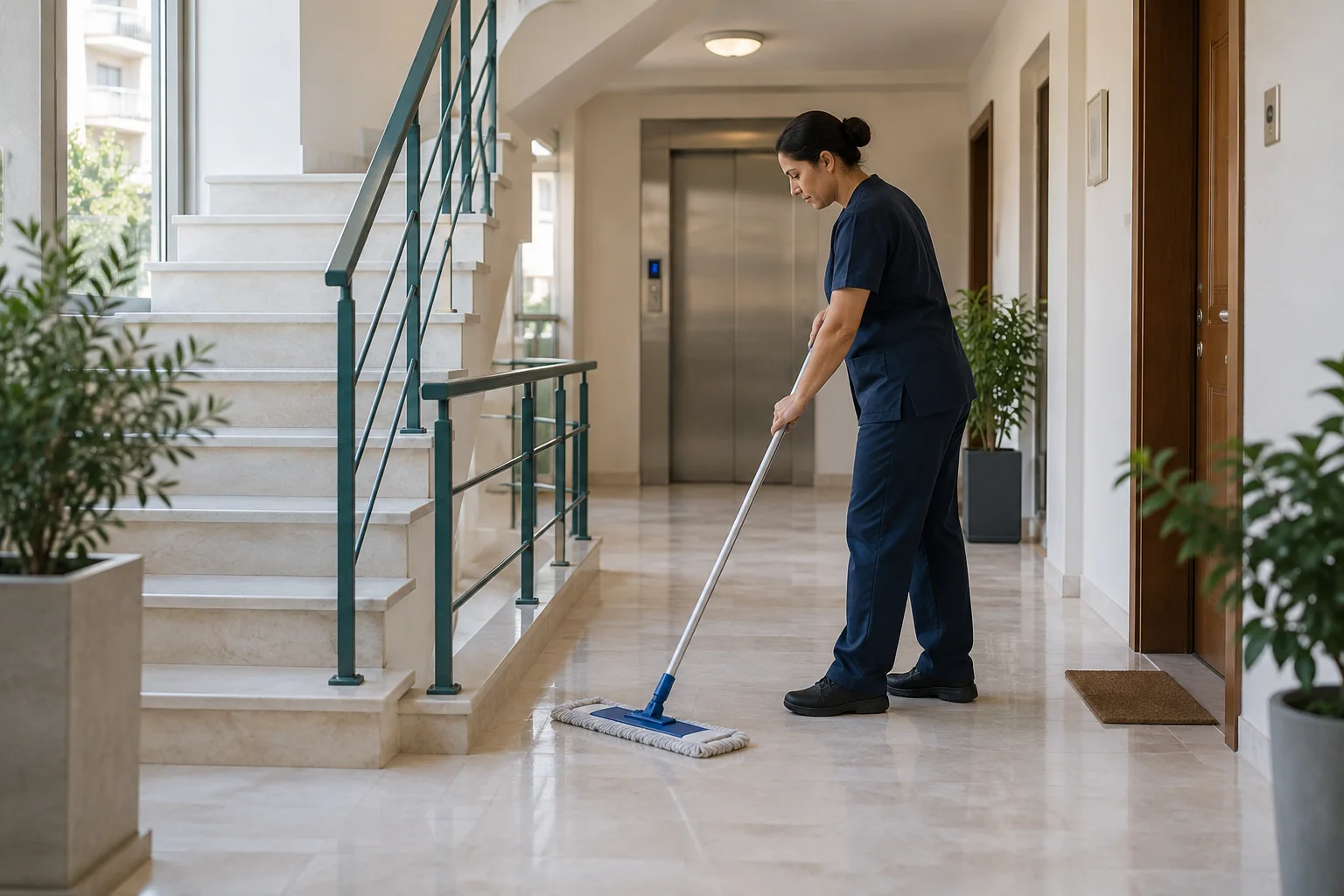 Επαγγελματίας καθαρίζει το δάπεδο κοινόχρηστου διαδρόμου πολυκατοικίας