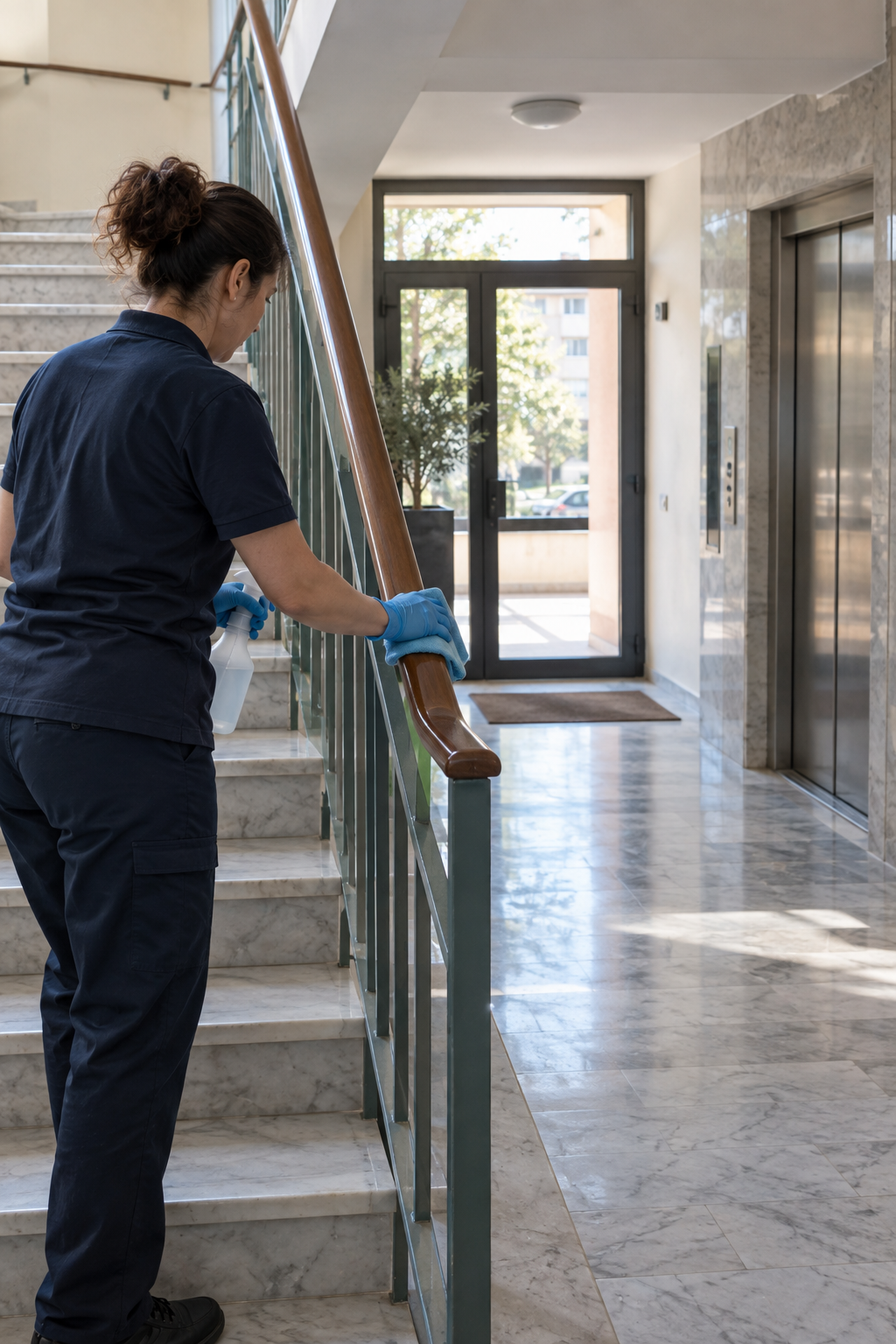 Επαγγελματίας καθαρίζει την κουπαστή σε κοινόχρηστο κλιμακοστάσιο